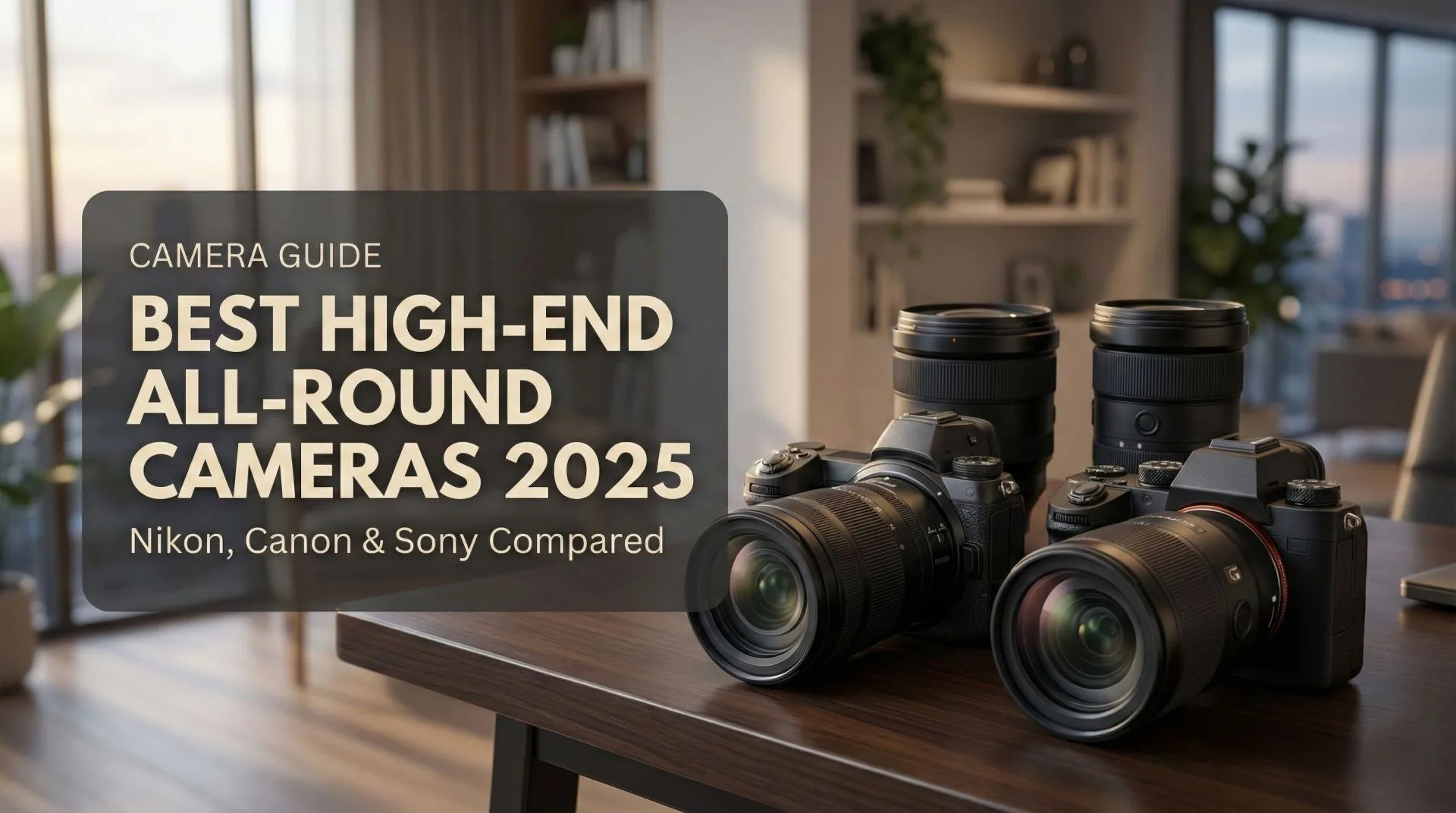 Best High-End All-Round Full-Frame Cameras 2025 High-end full-frame mirrorless cameras including Nikon Z8, Canon EOS R5, EOS R3 and Sony Alpha 1 on a desk with lenses