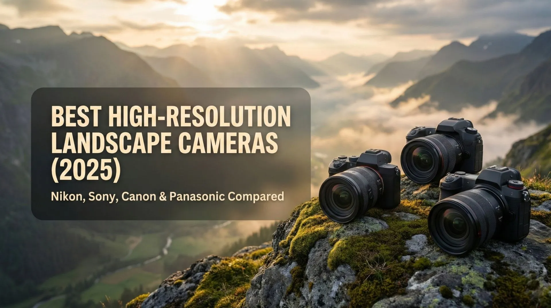 Best High-Resolution Full-Frame Cameras for Landscape Photography 2025 High-resolution full-frame mirrorless cameras with wide-angle lenses on a rocky landscape viewpoint at sunrise