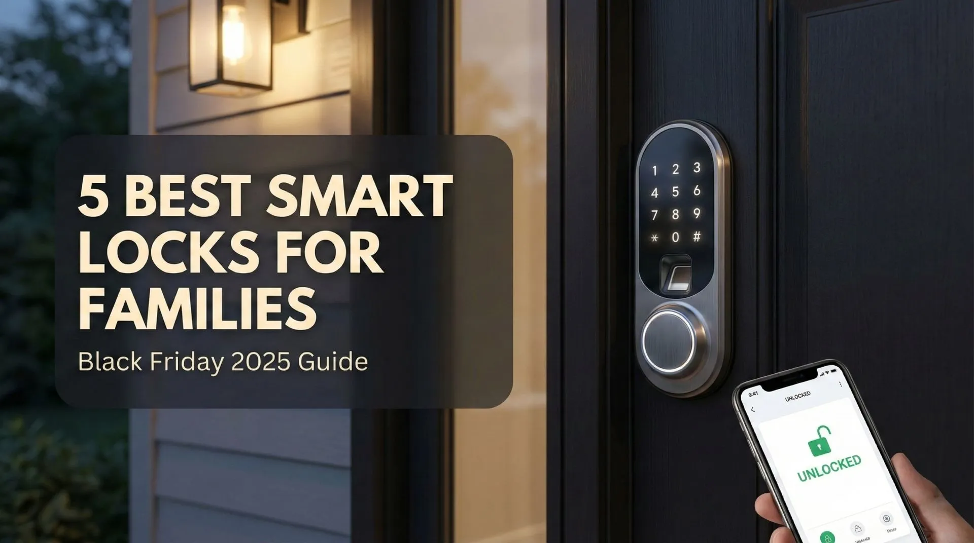 Best Smart Locks for Families – Black Friday 2025 Smart lock on a front door as a family arrives home with bags and backpacks