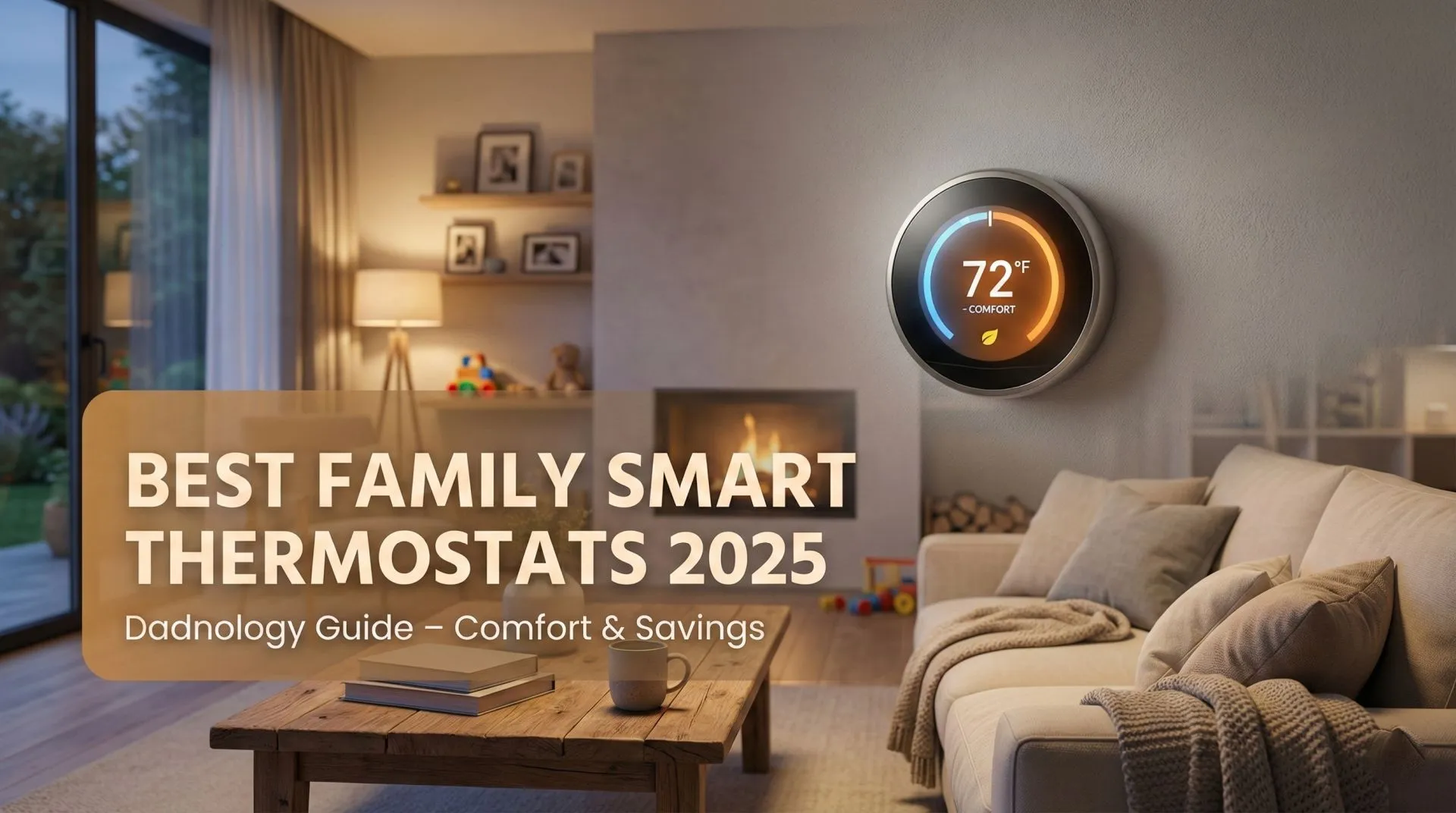 Best Smart Thermostats for Families – Black Friday 2025 Smart thermostat on a living-room wall with a happy family relaxing on a couch