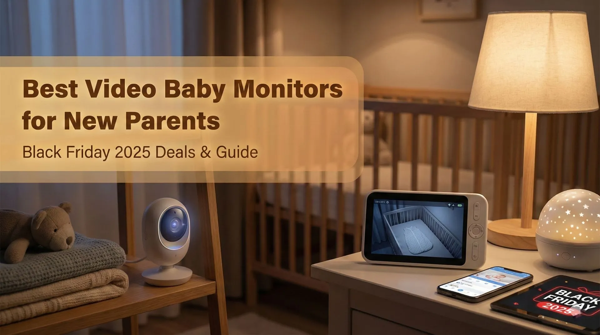 Best Video Baby Monitors for New Parents – Black Friday 2025 New parents watching their baby on a video baby monitor screen in a cozy nursery