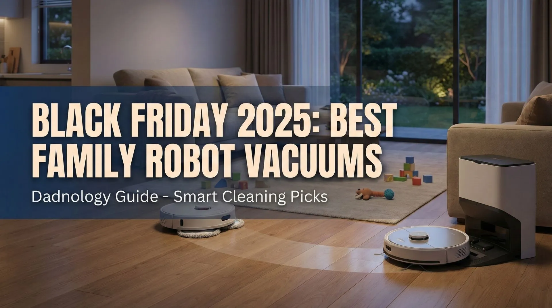Black Friday 2025: Best Robot Vacuums for Family Households Five robot vacuum cleaners on a family home's floor with kids and pets in the background
