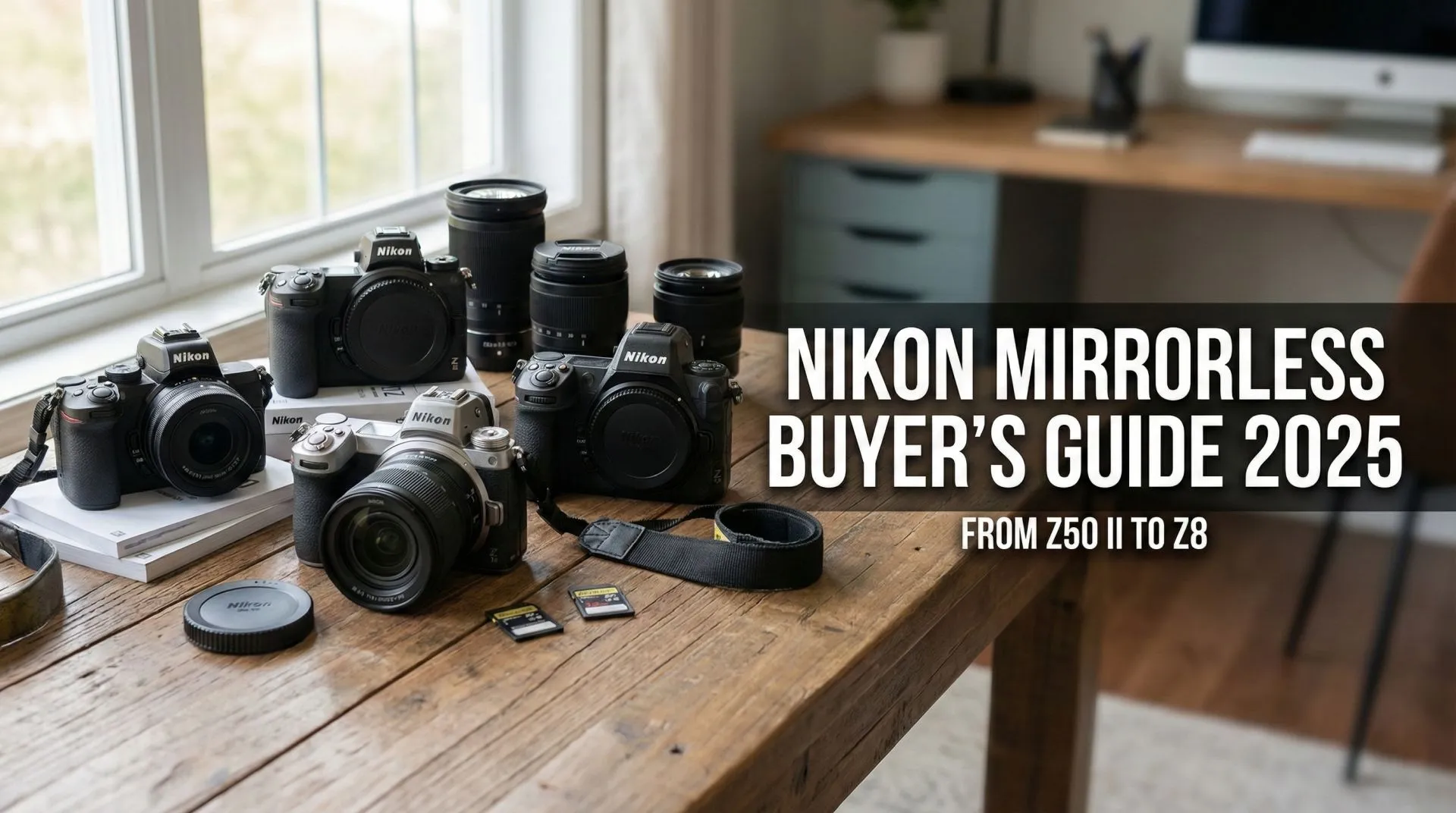 Nikon Mirrorless Buyer’s Guide 2025 – From Z50 II to Z8 Nikon Z mirrorless cameras from entry-level to high-end arranged on a wooden table