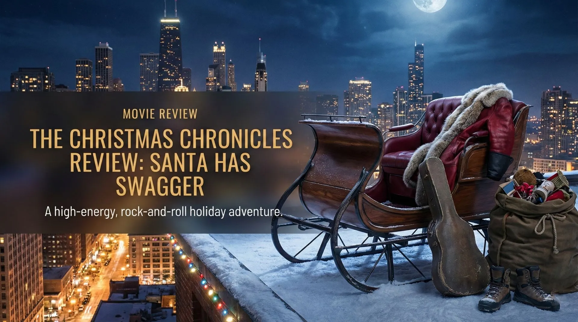 The Christmas Chronicles (2018) Kurt Russell as Santa Claus in a red leather coat standing next to his sleigh