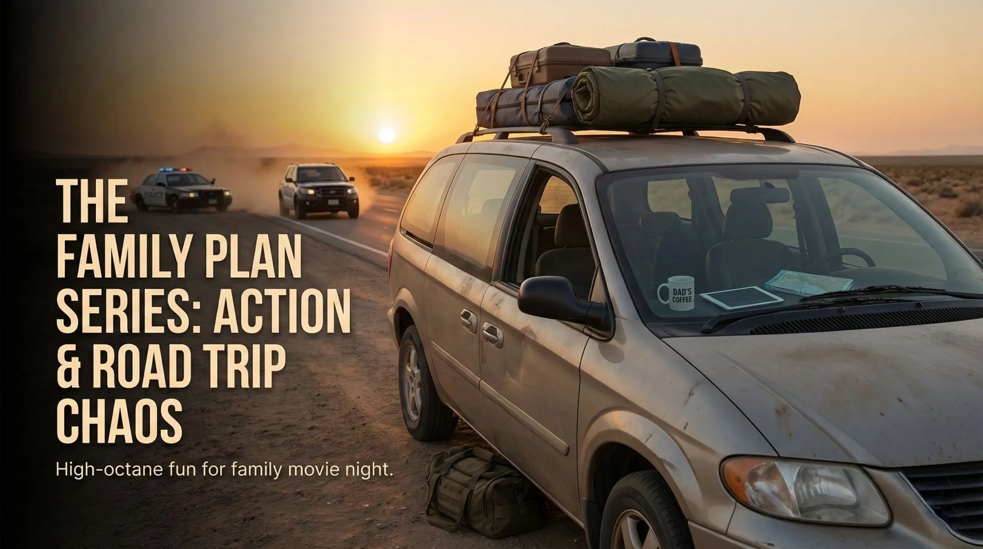 The Family Plan (2023) Review Mark Wahlberg driving a minivan while fighting off bad guys