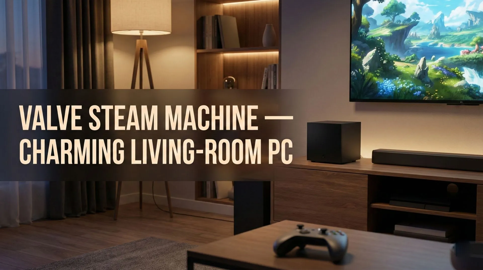 Valve Steam Machine cube-sized mini PC on a TV stand